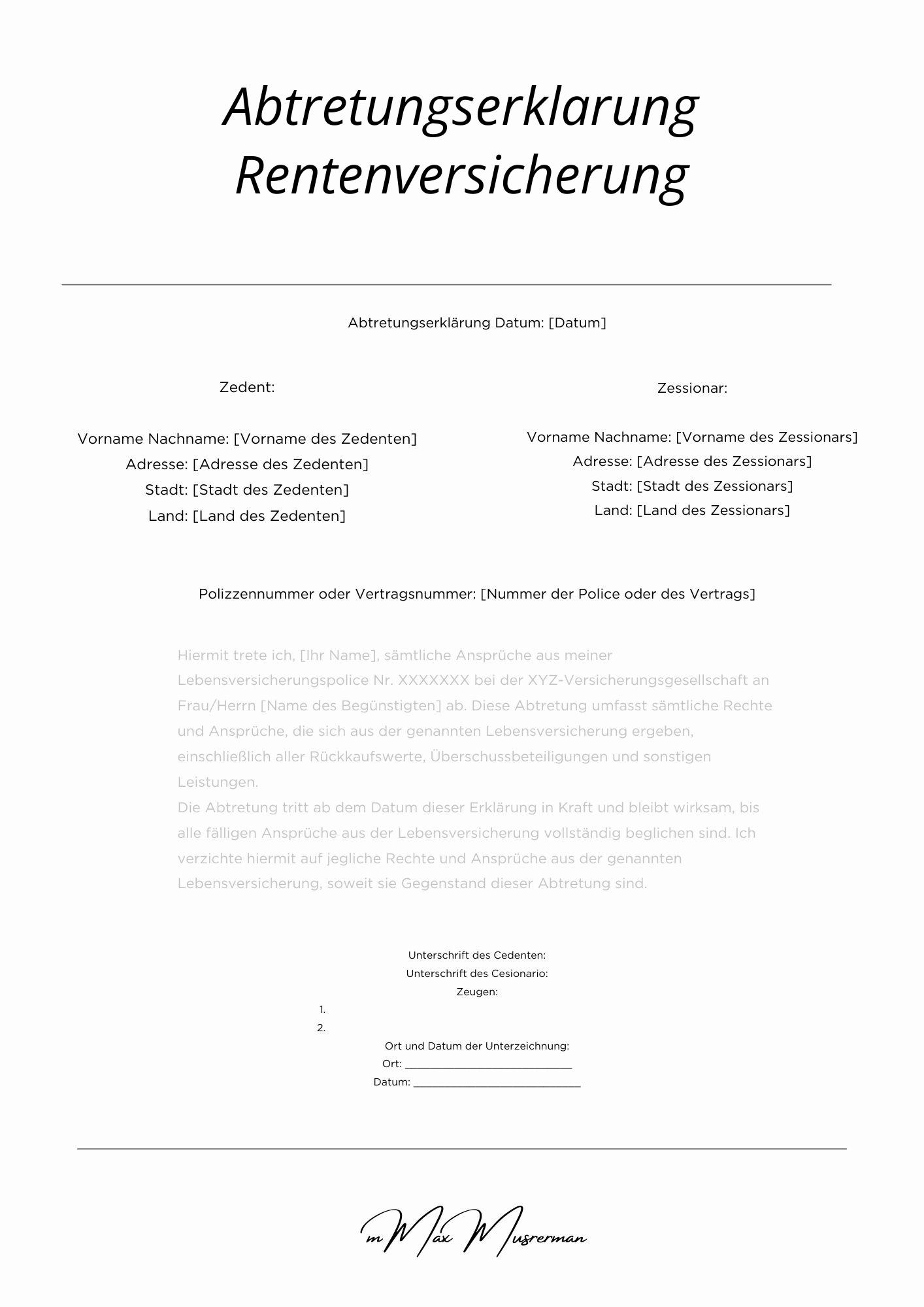 Abtretungserklärung Rentenversicherung
