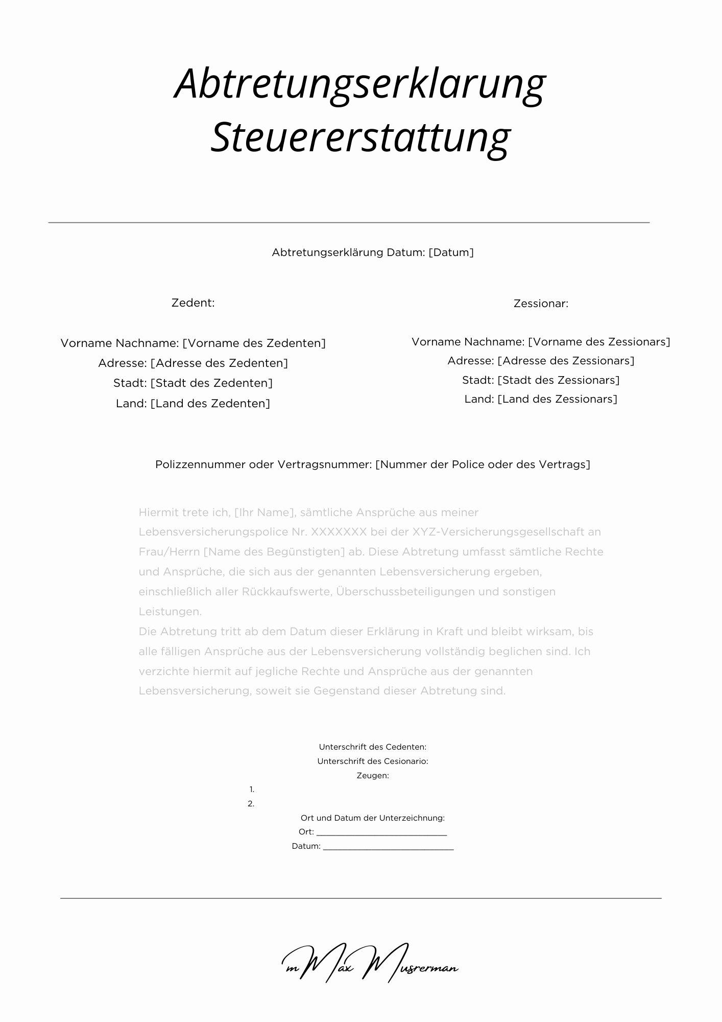 Abtretungserklärung Steuererstattung