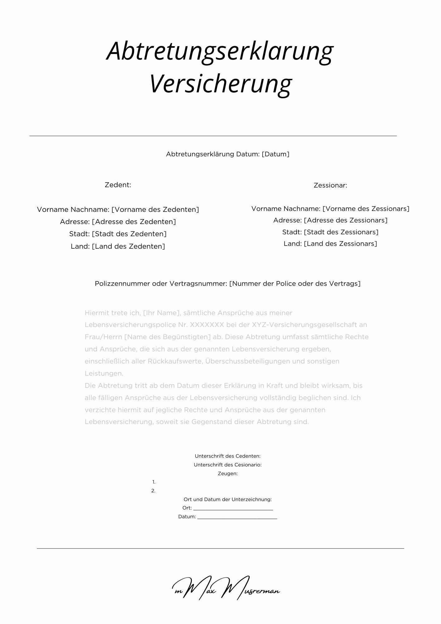 Abtretungserklärung Versicherung